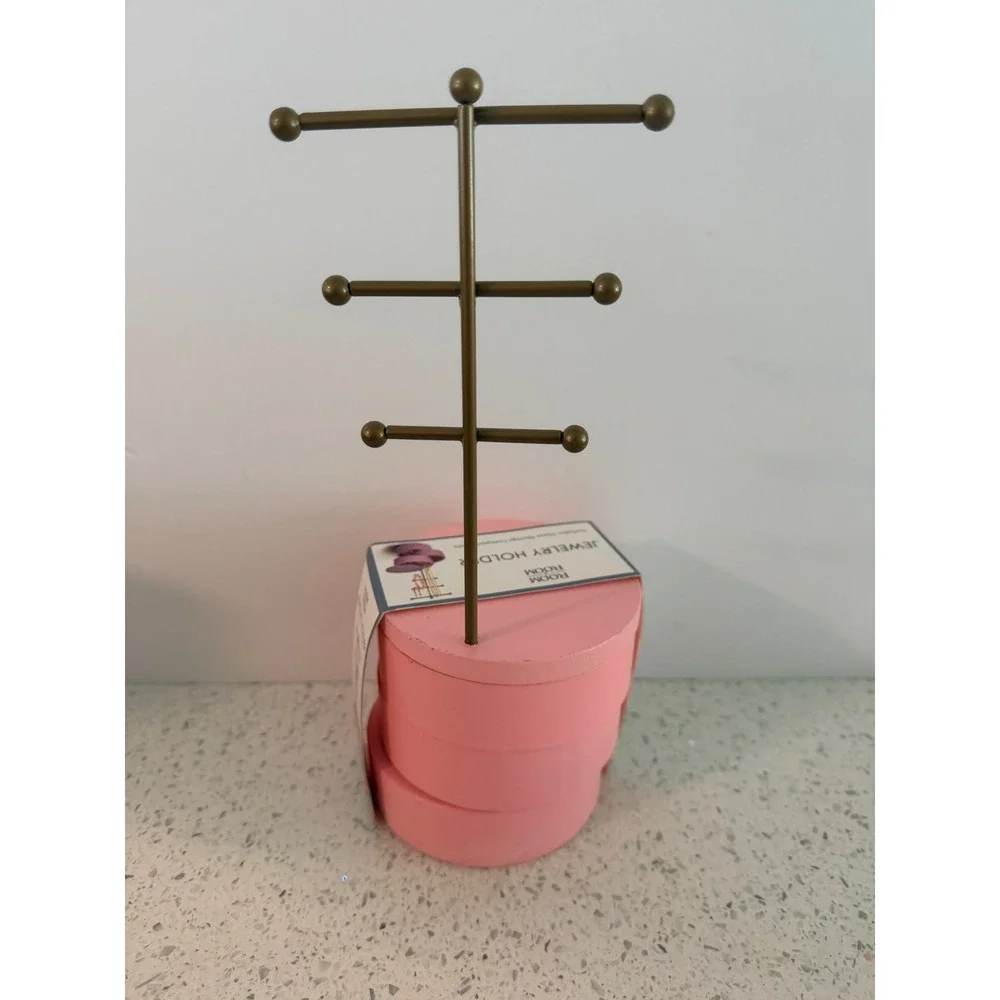 Room 2 Room Pink Jewelry Holder 3 Tier Metal Stand with 3 Storage Compartments